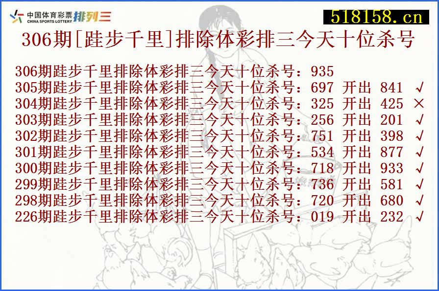 306期[跬步千里]排除体彩排三今天十位杀号