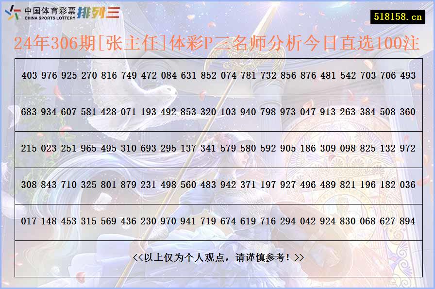 24年306期[张主任]体彩P三名师分析今日直选100注