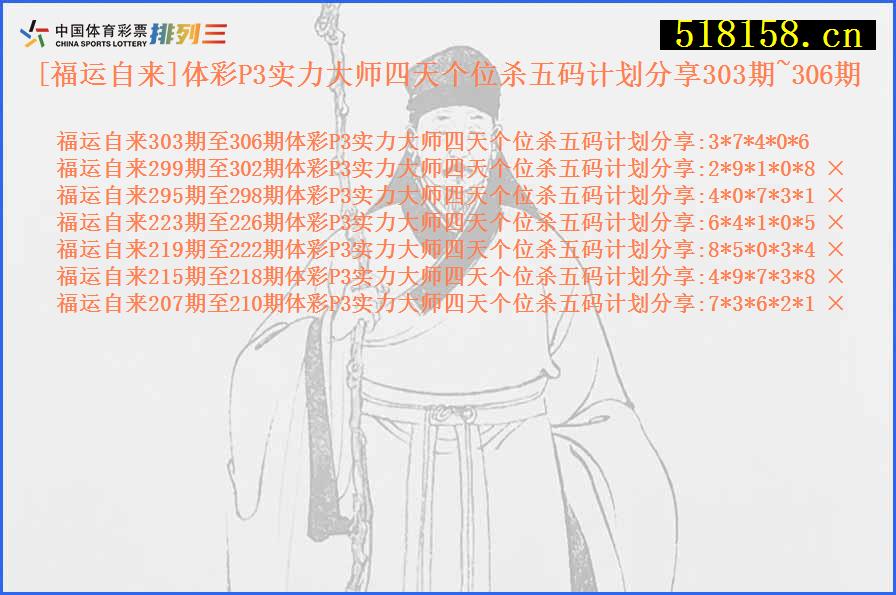 [福运自来]体彩P3实力大师四天个位杀五码计划分享303期~306期