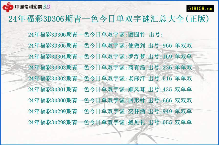 24年福彩3D306期青一色今日单双字谜汇总大全(正版)