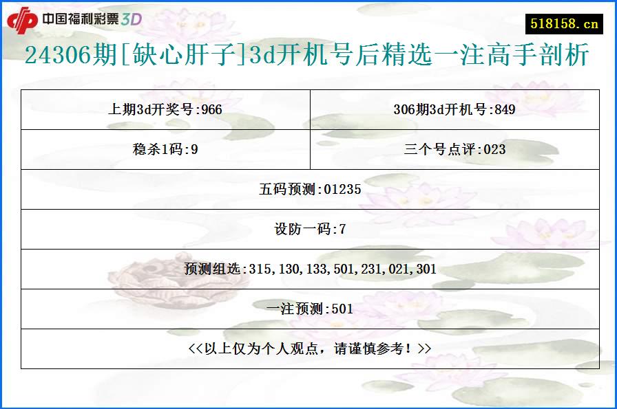 24306期[缺心肝子]3d开机号后精选一注高手剖析