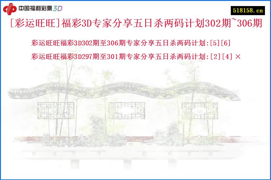 [彩运旺旺]福彩3D专家分享五日杀两码计划302期~306期