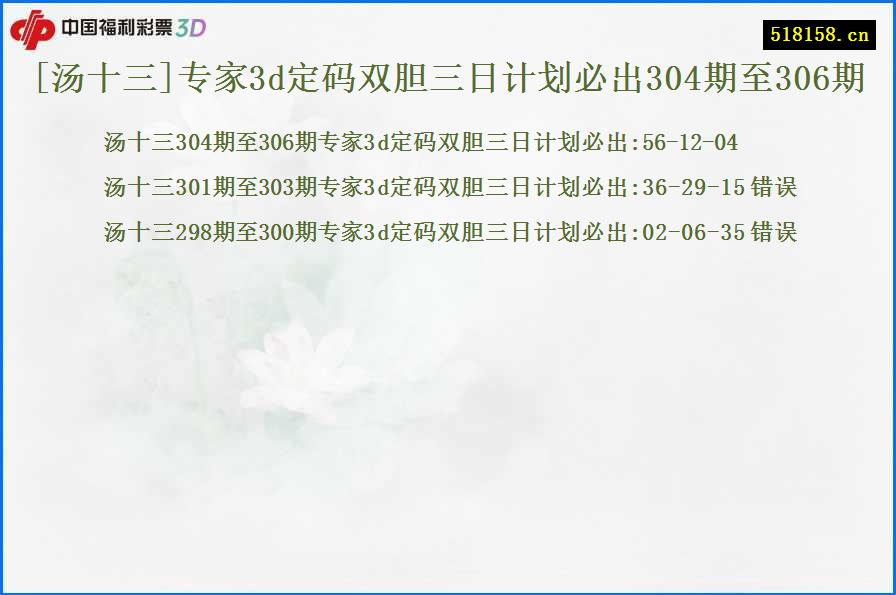 [汤十三]专家3d定码双胆三日计划必出304期至306期