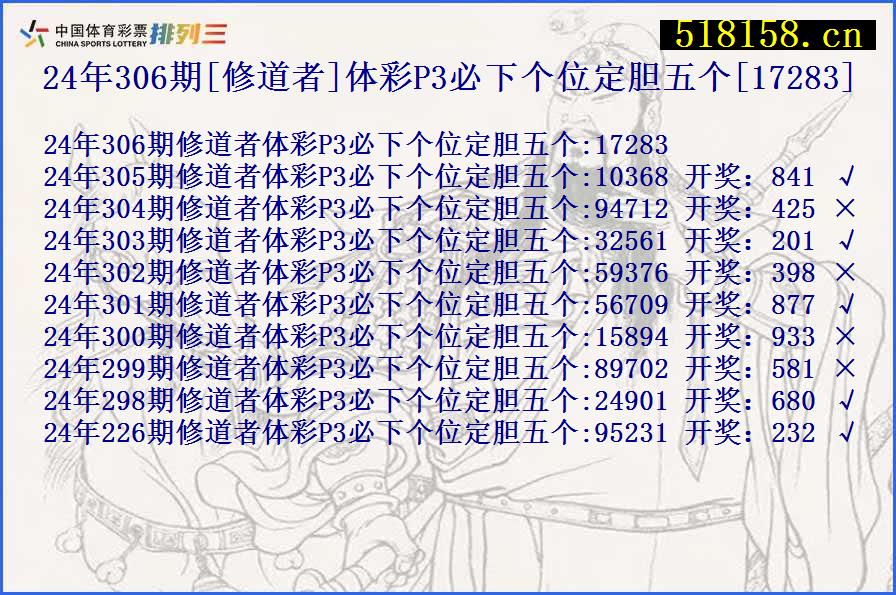 24年306期[修道者]体彩P3必下个位定胆五个[17283]