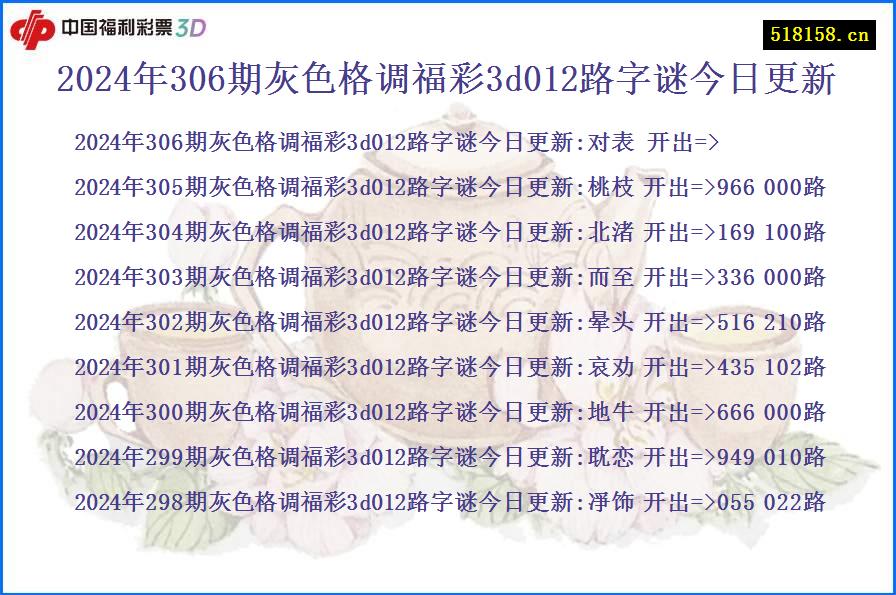 2024年306期灰色格调福彩3d012路字谜今日更新