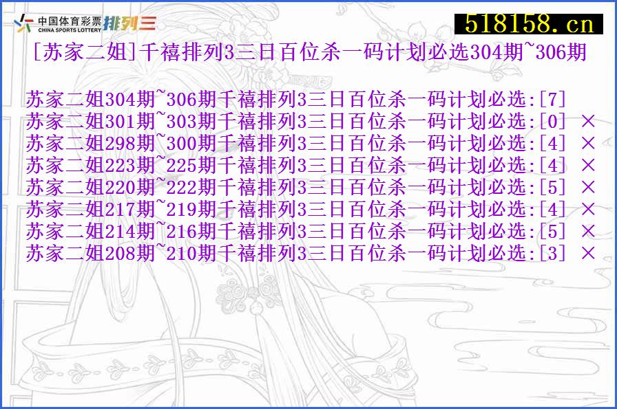 [苏家二姐]千禧排列3三日百位杀一码计划必选304期~306期