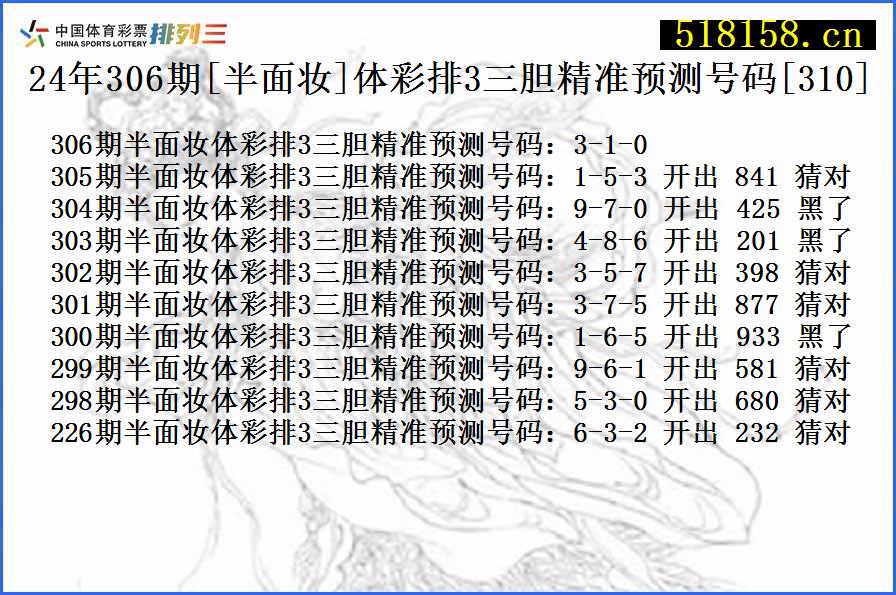 24年306期[半面妆]体彩排3三胆精准预测号码[310]