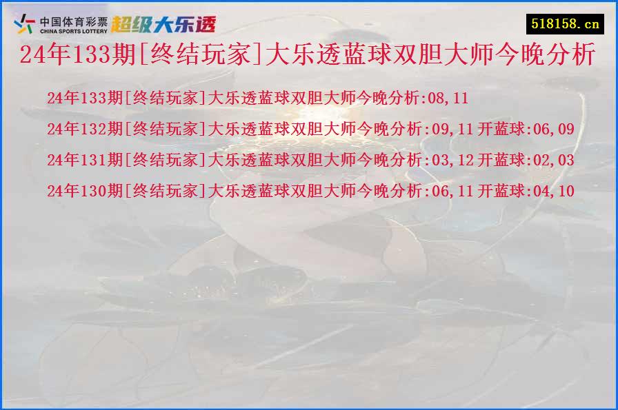 24年133期[终结玩家]大乐透蓝球双胆大师今晚分析