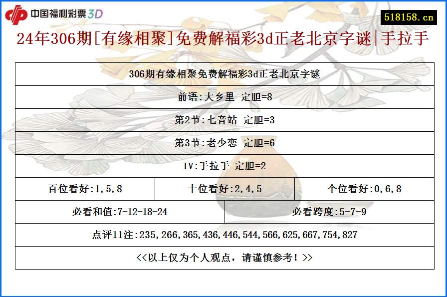 24年306期[有缘相聚]免费解福彩3d正老北京字谜|手拉手