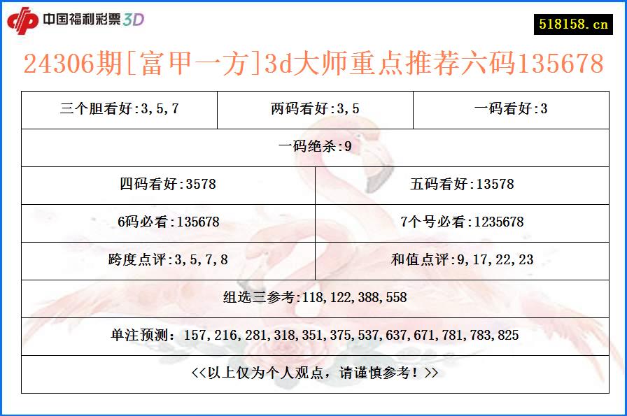 24306期[富甲一方]3d大师重点推荐六码135678