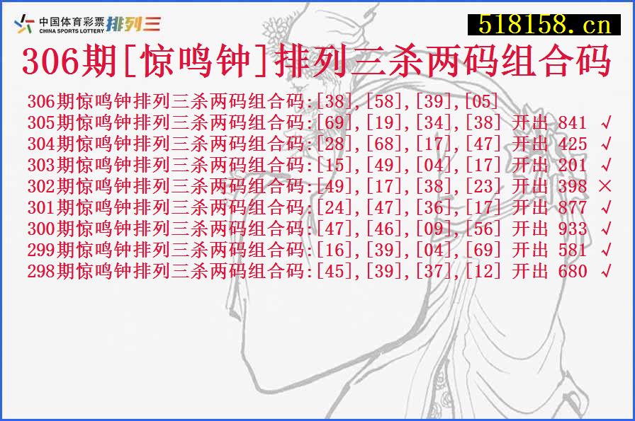 306期[惊鸣钟]排列三杀两码组合码