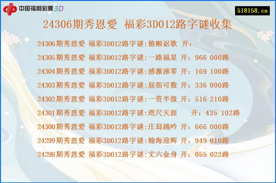 24306期秀恩愛 福彩3D012路字谜收集