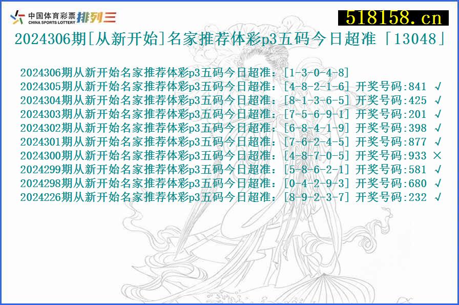 2024306期[从新开始]名家推荐体彩p3五码今日超准「13048」