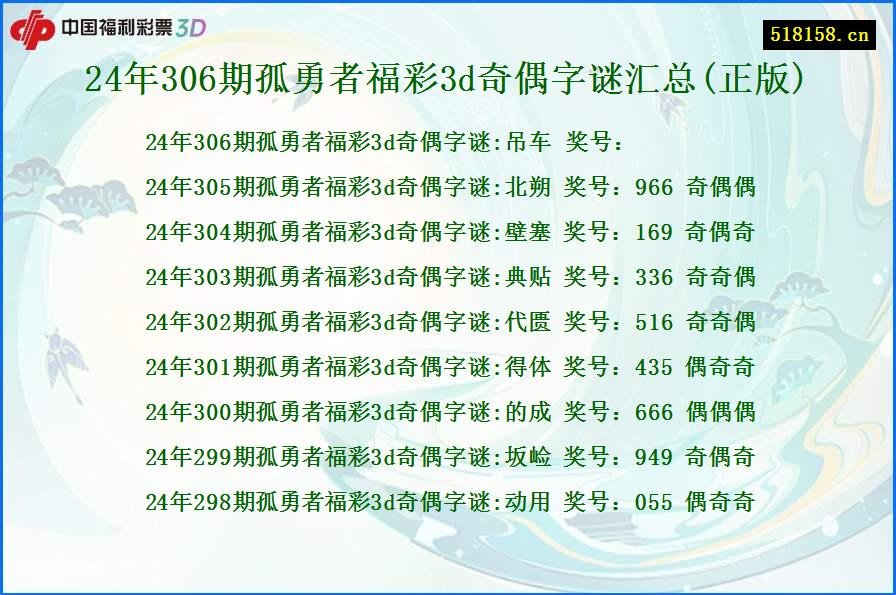 24年306期孤勇者福彩3d奇偶字谜汇总(正版)