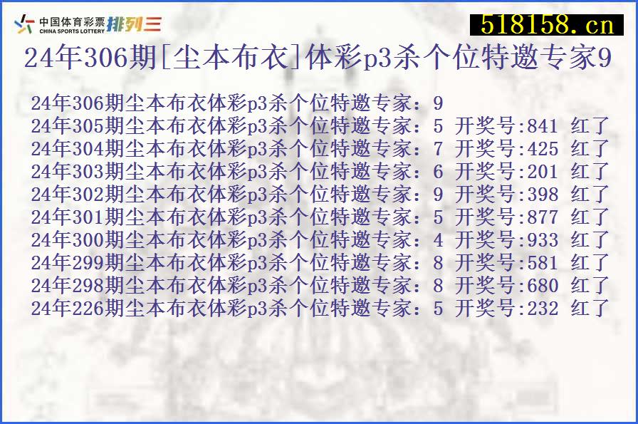 24年306期[尘本布衣]体彩p3杀个位特邀专家9