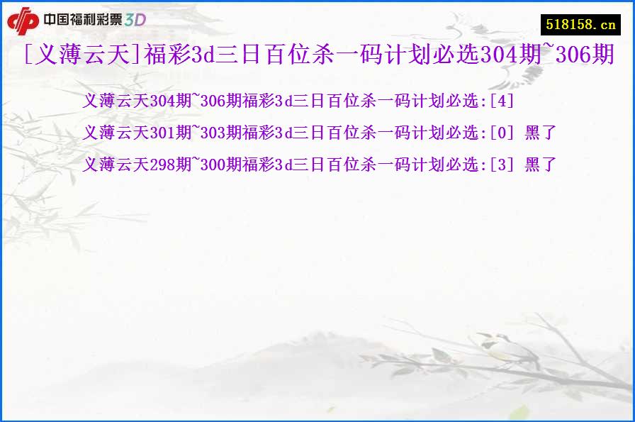 [义薄云天]福彩3d三日百位杀一码计划必选304期~306期