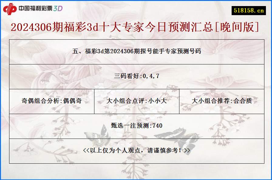 五、福彩3d第2024306期探号能手专家预测号码