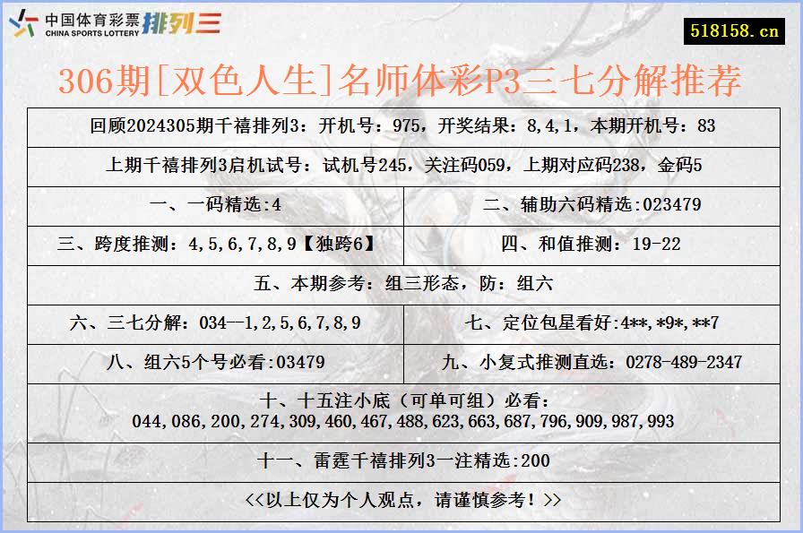 306期[双色人生]名师体彩P3三七分解推荐