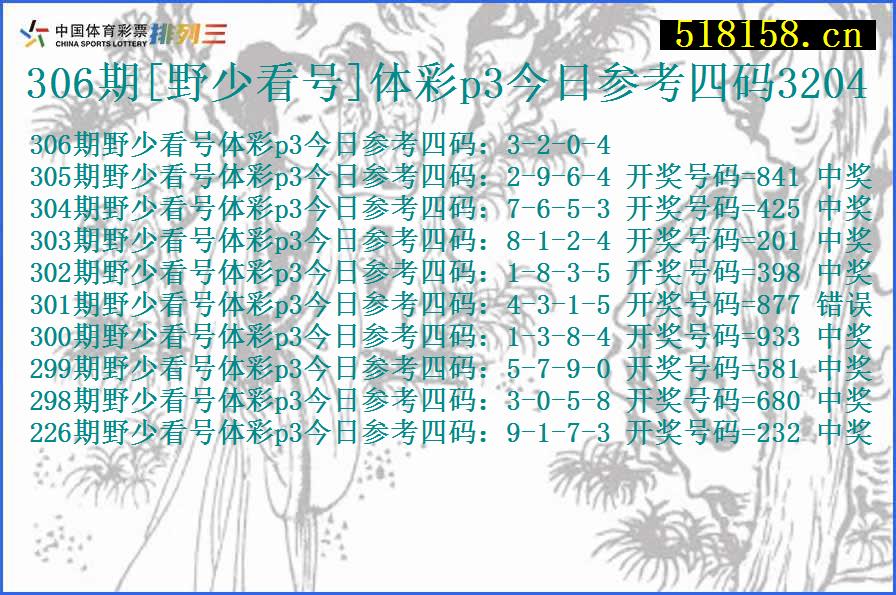 306期[野少看号]体彩p3今日参考四码3204