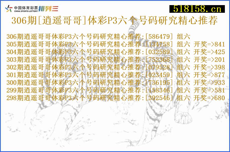 306期[逍遥哥哥]体彩P3六个号码研究精心推荐