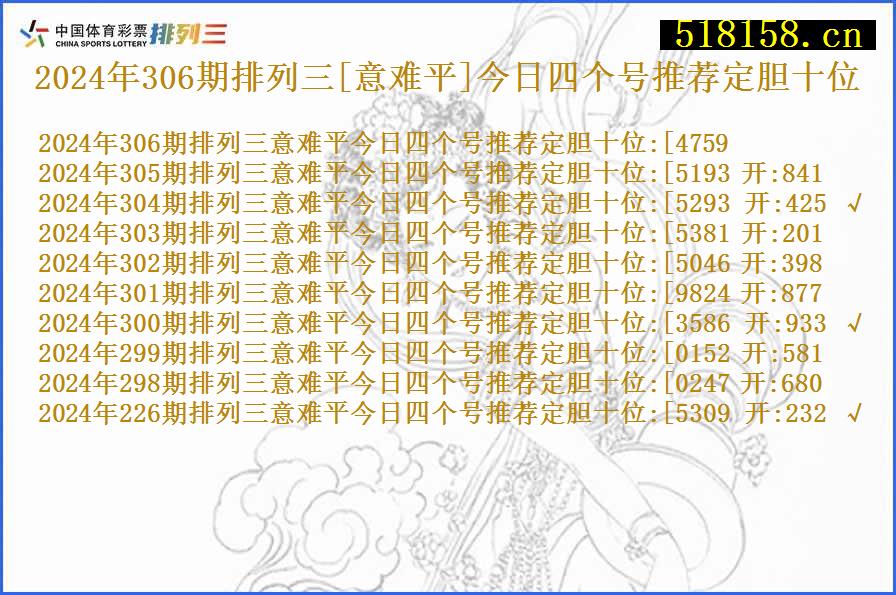 2024年306期排列三[意难平]今日四个号推荐定胆十位