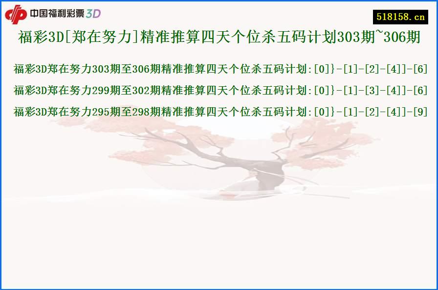 福彩3D[郑在努力]精准推算四天个位杀五码计划303期~306期