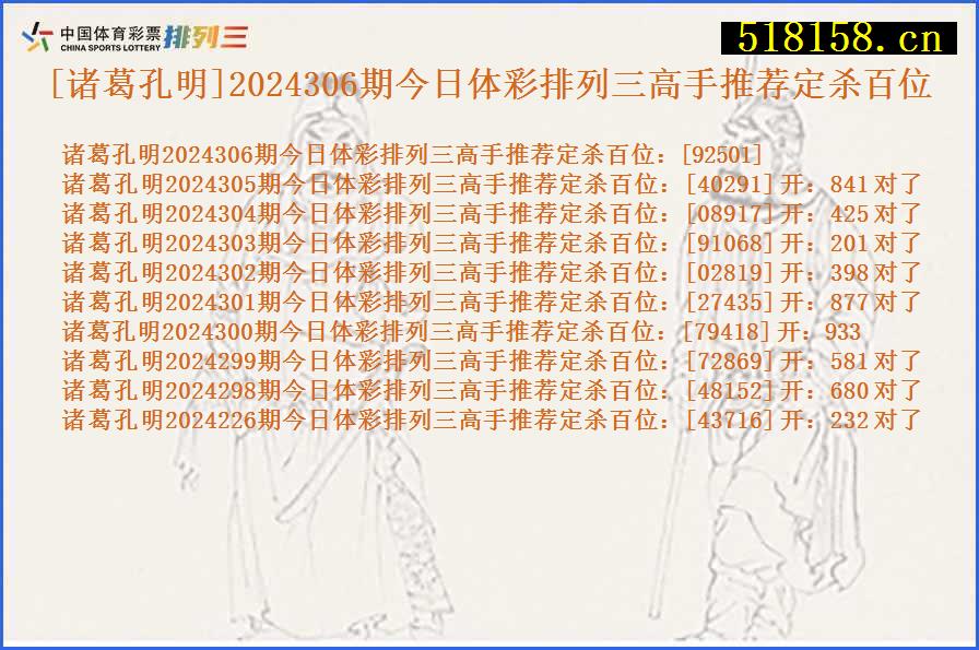 [诸葛孔明]2024306期今日体彩排列三高手推荐定杀百位