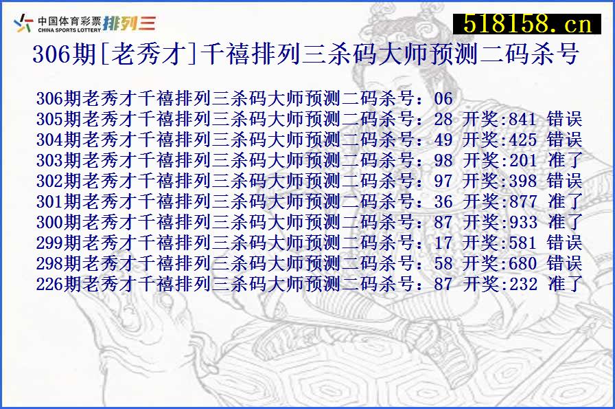 306期[老秀才]千禧排列三杀码大师预测二码杀号