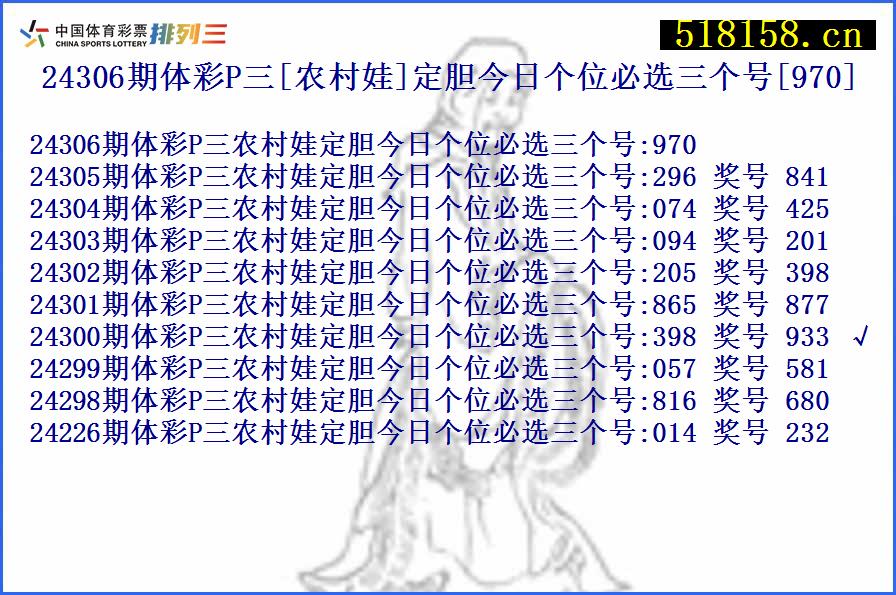 24306期体彩P三[农村娃]定胆今日个位必选三个号[970]