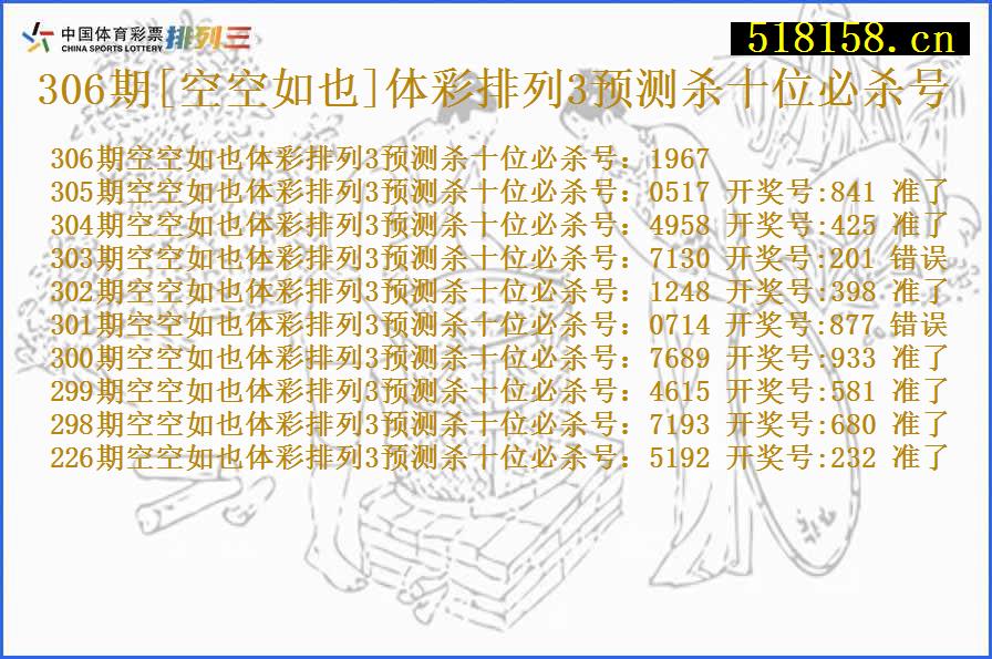 306期[空空如也]体彩排列3预测杀十位必杀号