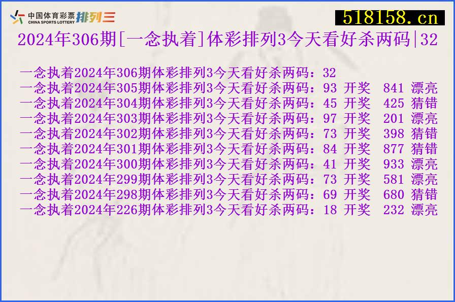 2024年306期[一念执着]体彩排列3今天看好杀两码|32