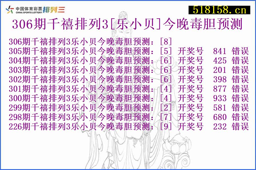 306期千禧排列3[乐小贝]今晚毒胆预测