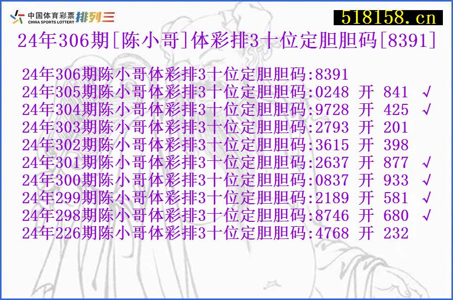 24年306期[陈小哥]体彩排3十位定胆胆码[8391]