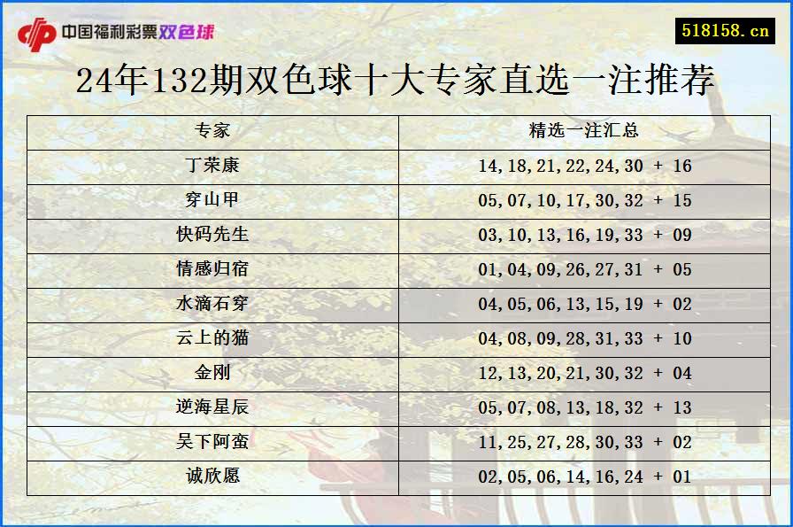 24年132期双色球十大专家直选一注推荐