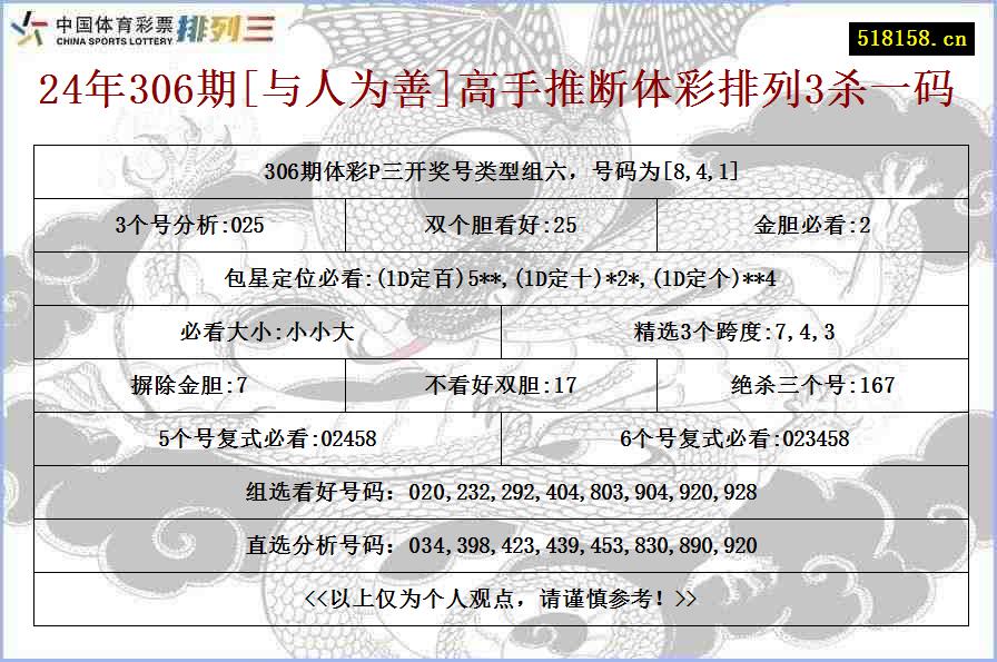 24年306期[与人为善]高手推断体彩排列3杀一码