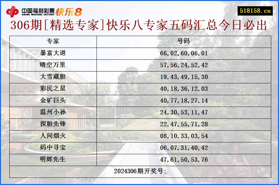 306期[精选专家]快乐八专家五码汇总今日必出