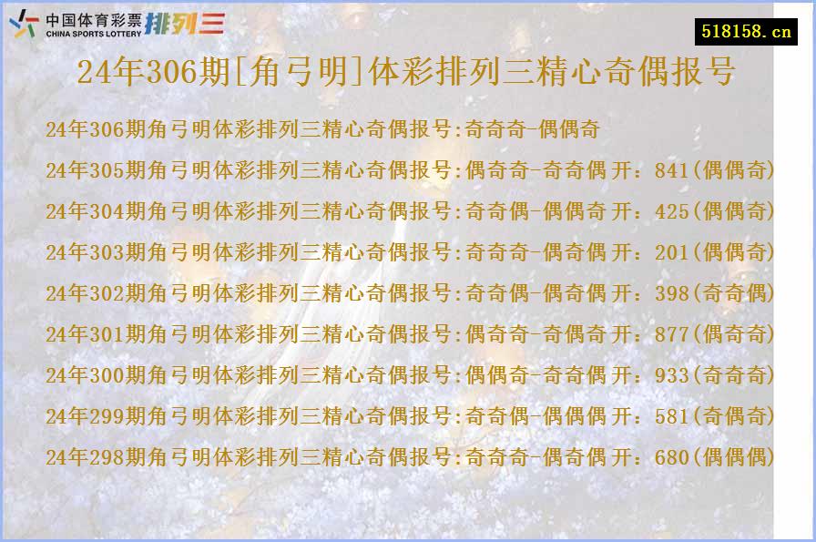 24年306期[角弓明]体彩排列三精心奇偶报号