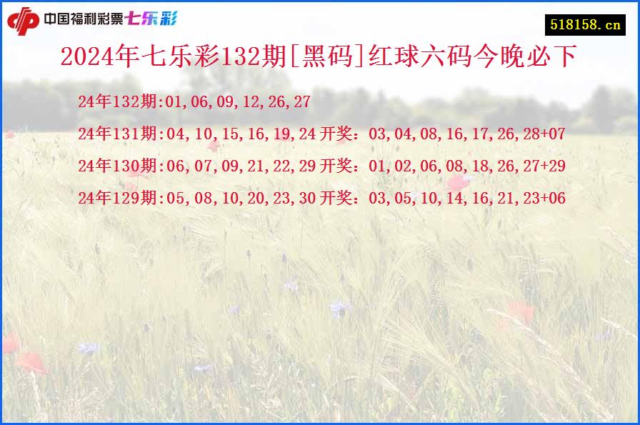 2024年七乐彩132期[黑码]红球六码今晚必下