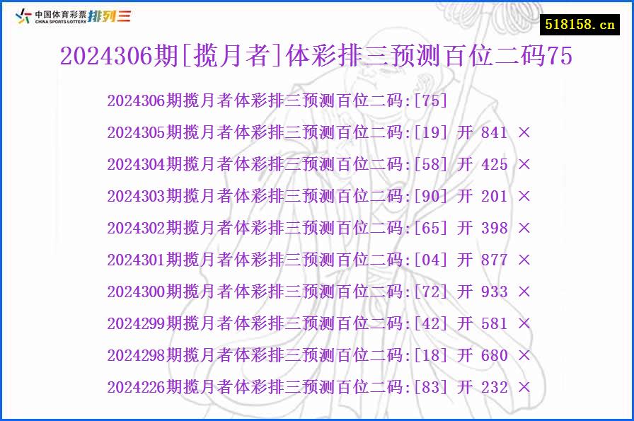 2024306期[揽月者]体彩排三预测百位二码75