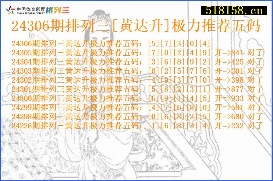 24306期排列三[黄达升]极力推荐五码