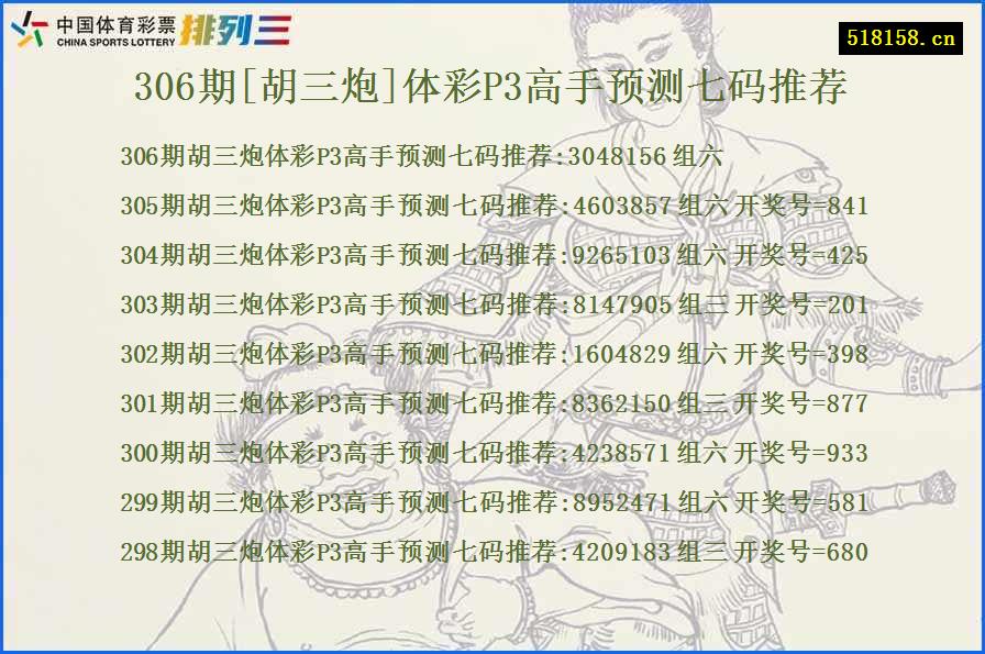 306期[胡三炮]体彩P3高手预测七码推荐