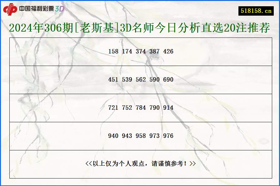 2024年306期[老斯基]3D名师今日分析直选20注推荐