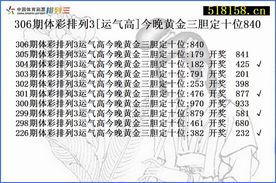 306期体彩排列3[运气高]今晚黄金三胆定十位840