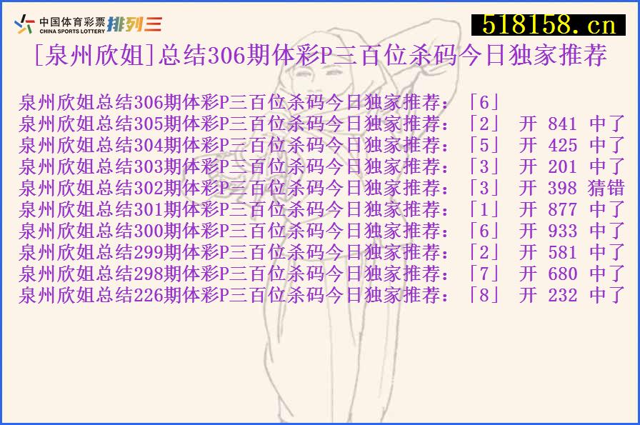 [泉州欣姐]总结306期体彩P三百位杀码今日独家推荐