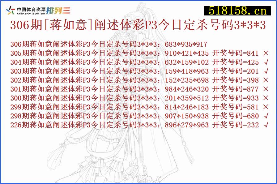 306期[蒋如意]阐述体彩P3今日定杀号码3*3*3