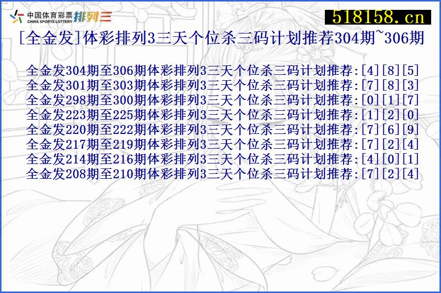 [全金发]体彩排列3三天个位杀三码计划推荐304期~306期