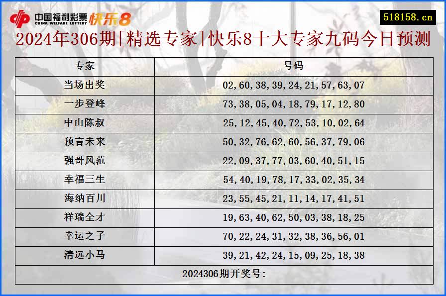 2024年306期[精选专家]快乐8十大专家九码今日预测