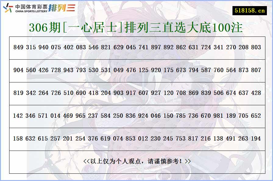 306期[一心居士]排列三直选大底100注