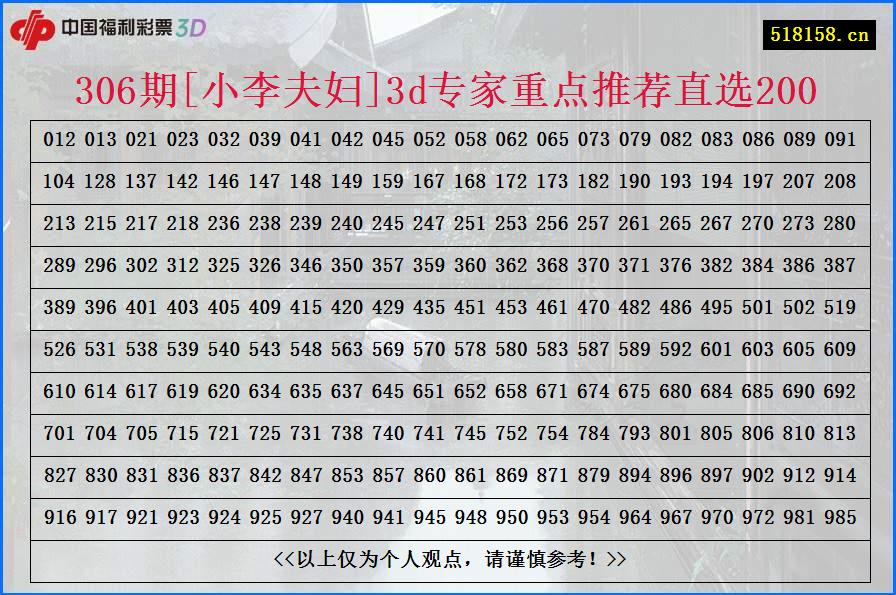 306期[小李夫妇]3d专家重点推荐直选200