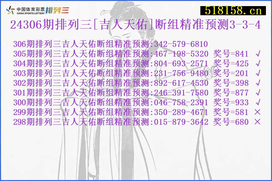 24306期排列三[吉人天佑]断组精准预测3-3-4